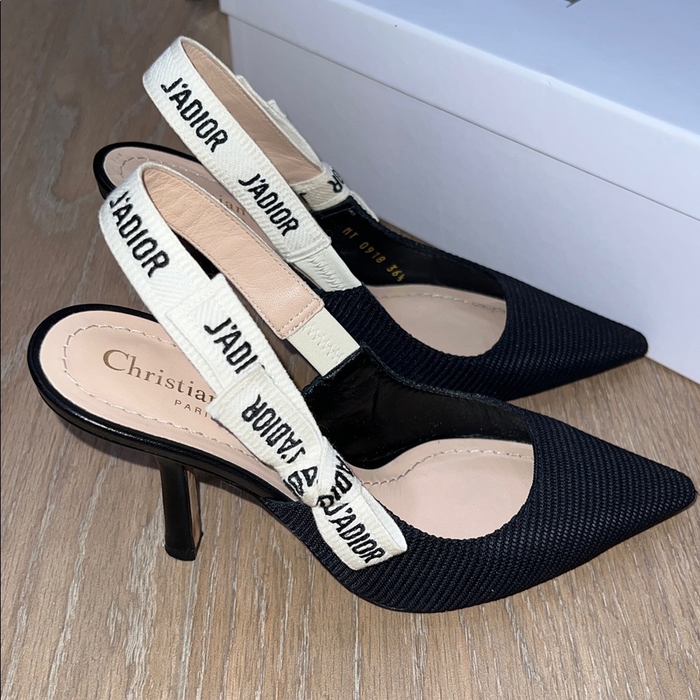 Dior Black and Cream Slingback Pointed Toe Heels - Picture 4 of 16